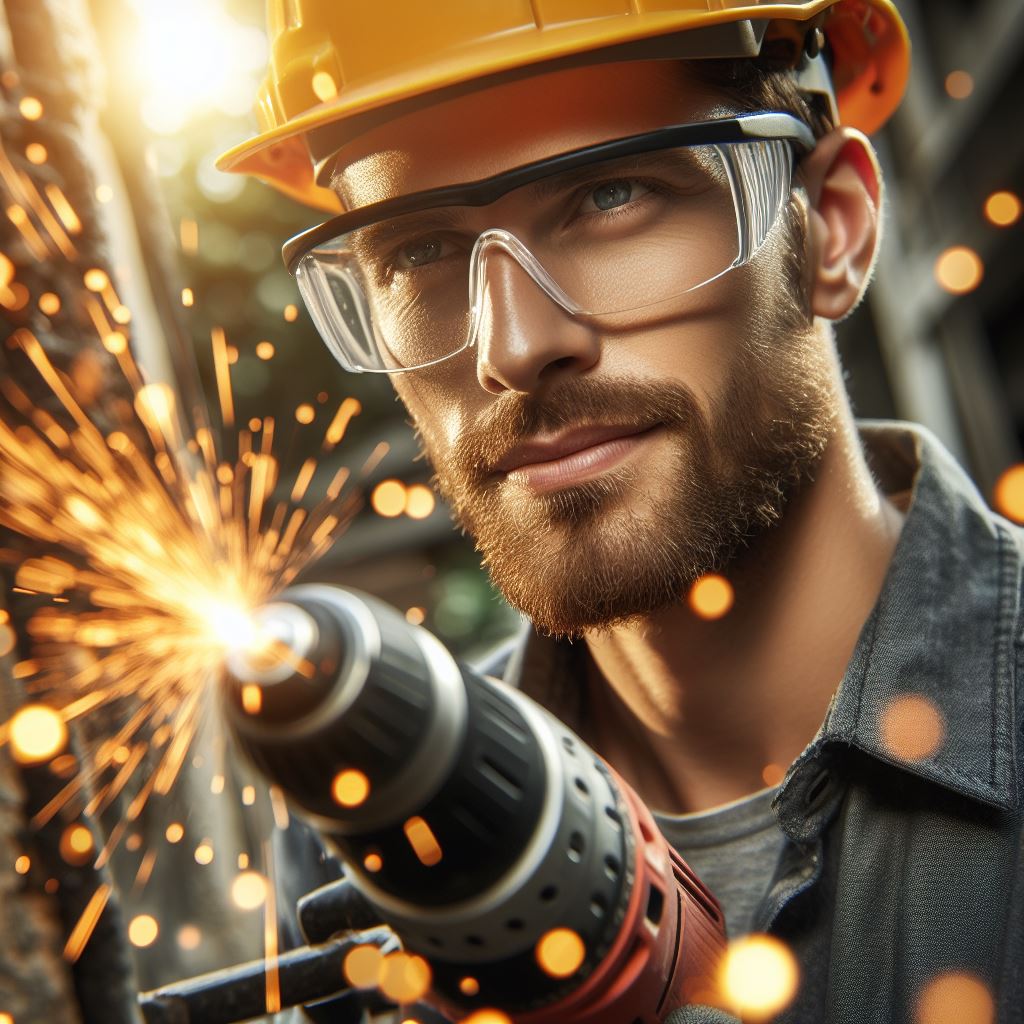 a man wearing safety helmet and safety goggles holding a drill